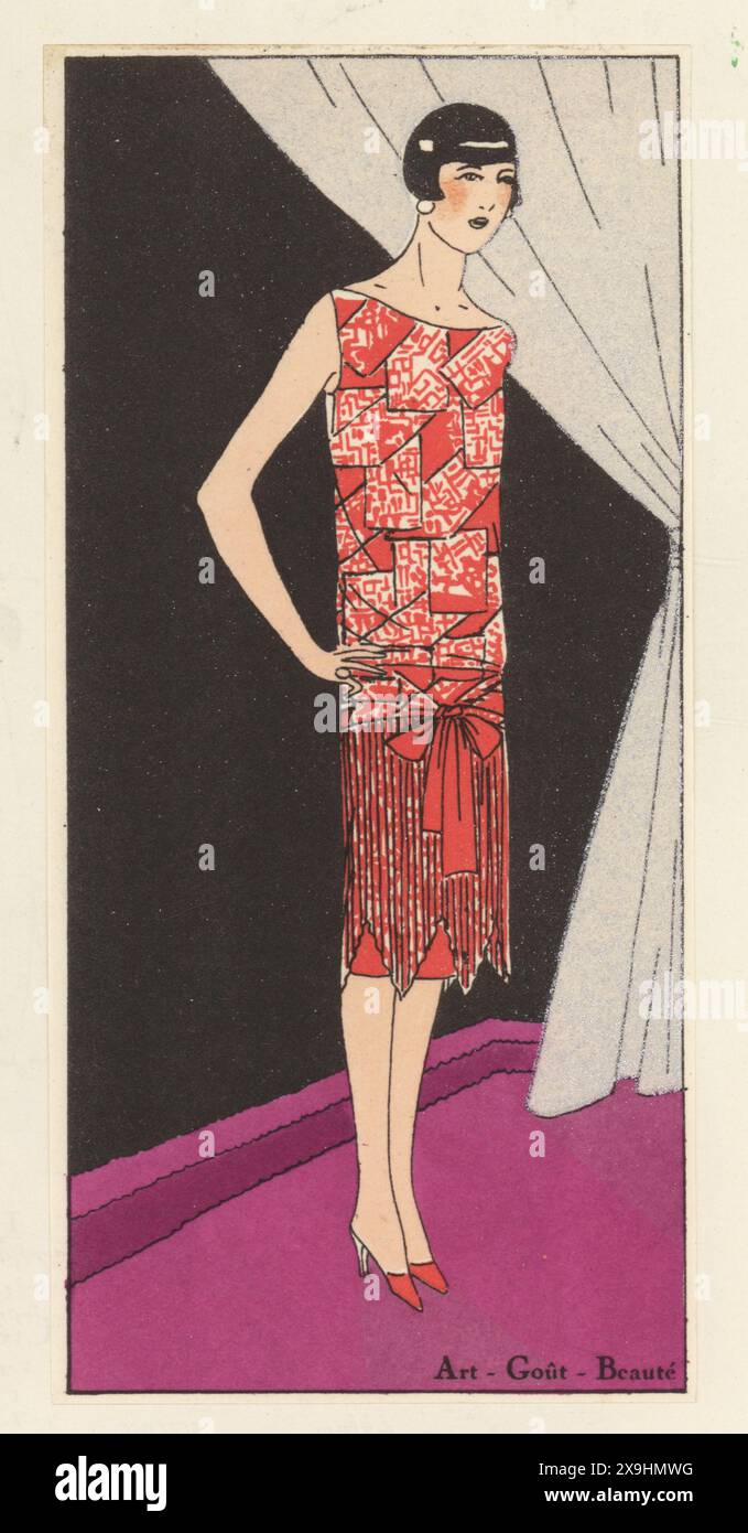 Flapper français dans une coiffure courte bob et robe de luxe, 1926. Tentation (tentation) Robe d'après-midi en crêpe rouge imprimée par la maison de couture Martial et Armand. Lithographie pochoir (pochoir) colorée à la main d'après une illustration de Miss Colette, Miss J. Dory, Miss Mariotton de Art, goutte, Beaute, publié par le magazine de mode AGB, Lyon, 1926. Banque D'Images