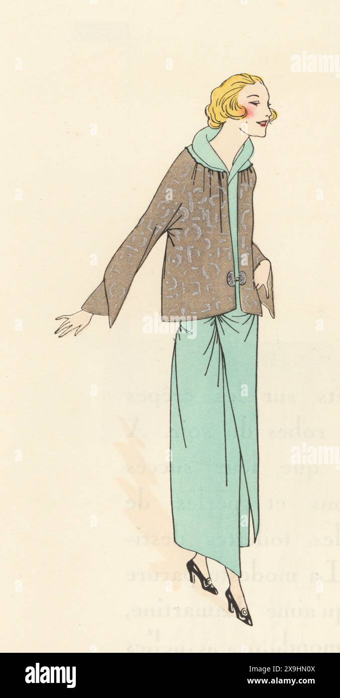 Flapper français en tenue par Jean Patou. Veste ample ou paletot en crêpe Fausta noir brodé argent sur une robe de laine verte. Lithographie pochoir (pochoir) colorée à la main d'après une illustration de Miss Colette, Miss J. Dory, Miss Mariotton de Art, goutte, Beaute, publié par le magazine de mode AGB, Lyon, 1922. Banque D'Images