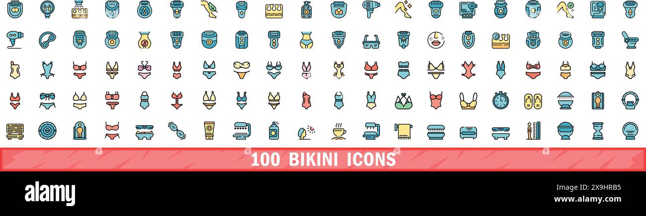 ensemble de 100 icônes de bikini. Ensemble de ligne de couleur des icônes vectorielles de bikini couleur de ligne mince plat sur blanc Illustration de Vecteur