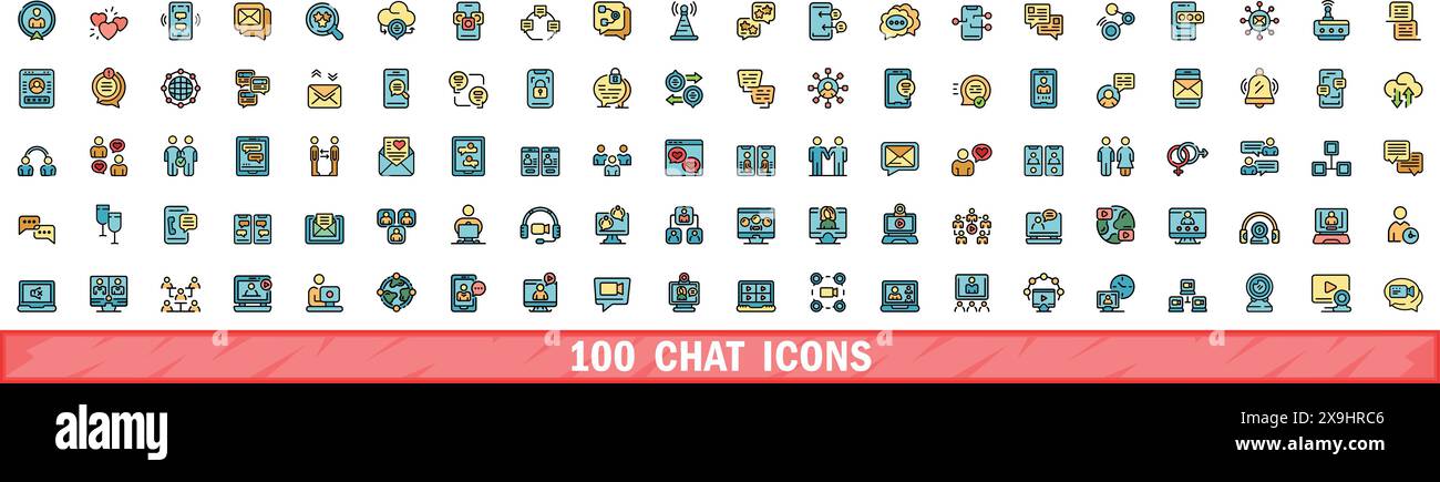 100 icônes de chat définies. Ensemble de lignes de couleur d'icônes vectorielles de chat couleur de ligne mince plat sur blanc Illustration de Vecteur