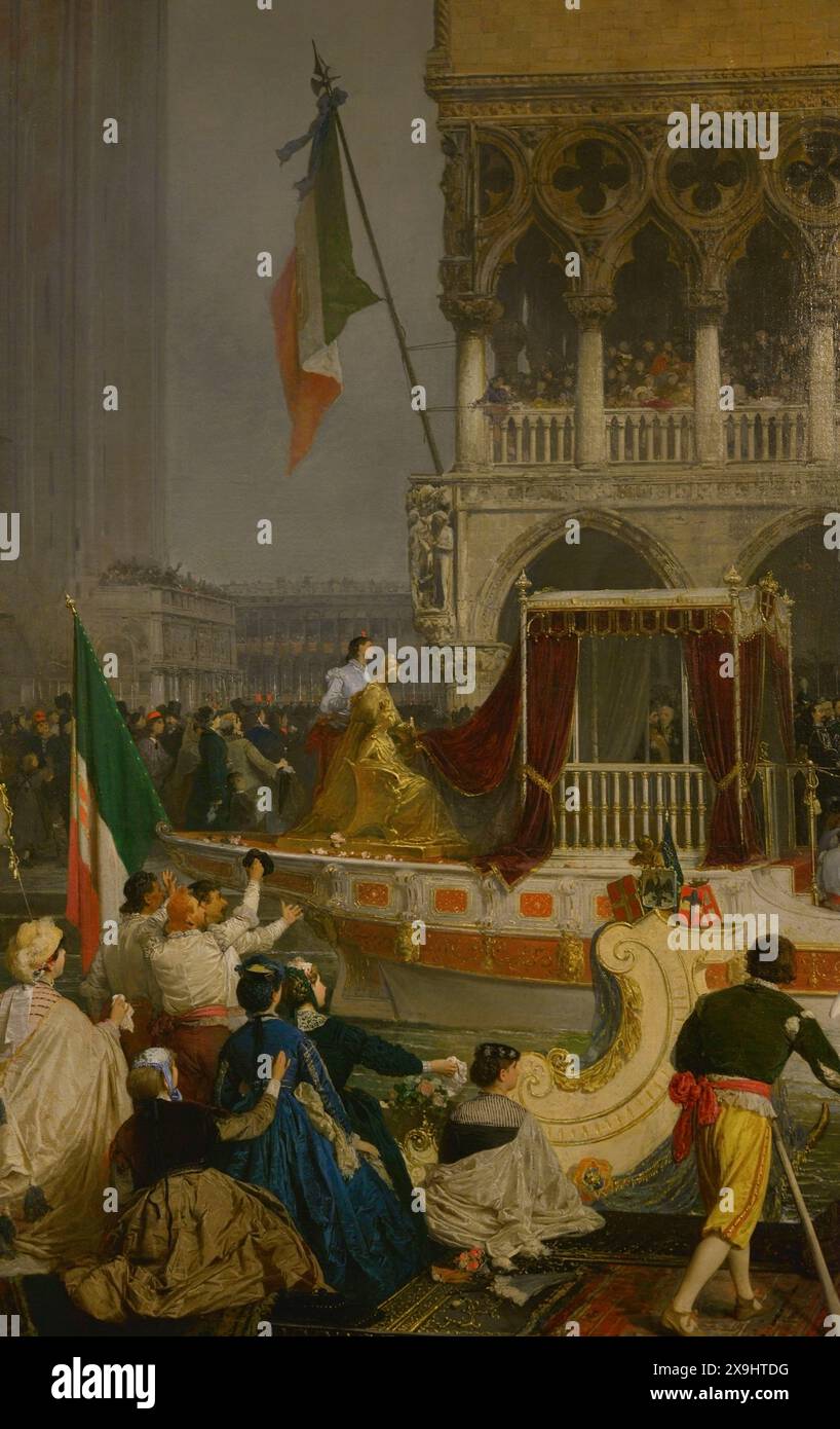 Unification italienne. La libération de la Vénétie fut célébrée par l'arrivée de Victor Emmanuel II (1820-1878) à Venise le 7 novembre 1866. Il a été reçu par les autorités, la bourgeoisie et le peuple sur la Piazza San Marco, devant le Palais des Doges. 'L'entrée de Victor Emmanuel II à Venise', par Gerolamo Induno (1825-1890). Huile sur toile, 1866. Détail. Musée du Risorgimento. Milan. Italie. Auteur : Gerolamo Induno (1825-1890). Peintre italien. Banque D'Images