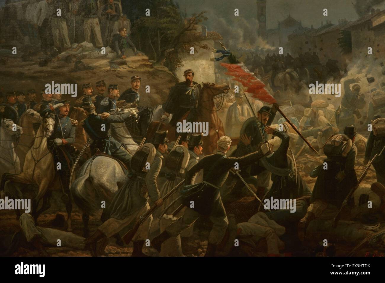 Unification italienne. Seconde guerre d'indépendance italienne ou guerre franco-autrichienne, 1859. Bataille de Palestro (30-31 mai 1859). Les troupes autrichiennes ont été vaincues par une armée piémontaise et française combinée sous Victor Emmanuel Ier 'bataille de Palestro (31 mai, 1859)'. Tableau de Raffaele Pontremoli (1832-1905). Huile sur toile, 1860. Musée du Risorgimento. Milan. Italie. (En prêt, MIBAC Soprintendenza belle Arti e Paesaggio, Milan). Auteur : Raffaele Pontremoli (1832-1906). Peintre italien. Banque D'Images