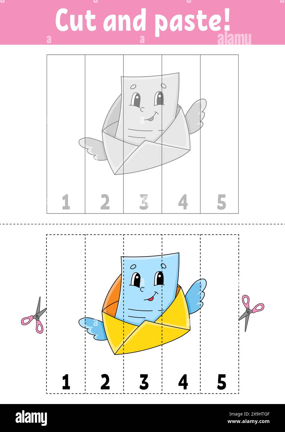 Apprendre les chiffres 1 à 5. Couper et coller. personnage de dessin animé. Feuille de travail de développement de l'éducation. Jeu pour enfants. Page activité. Illustration vectorielle. Illustration de Vecteur