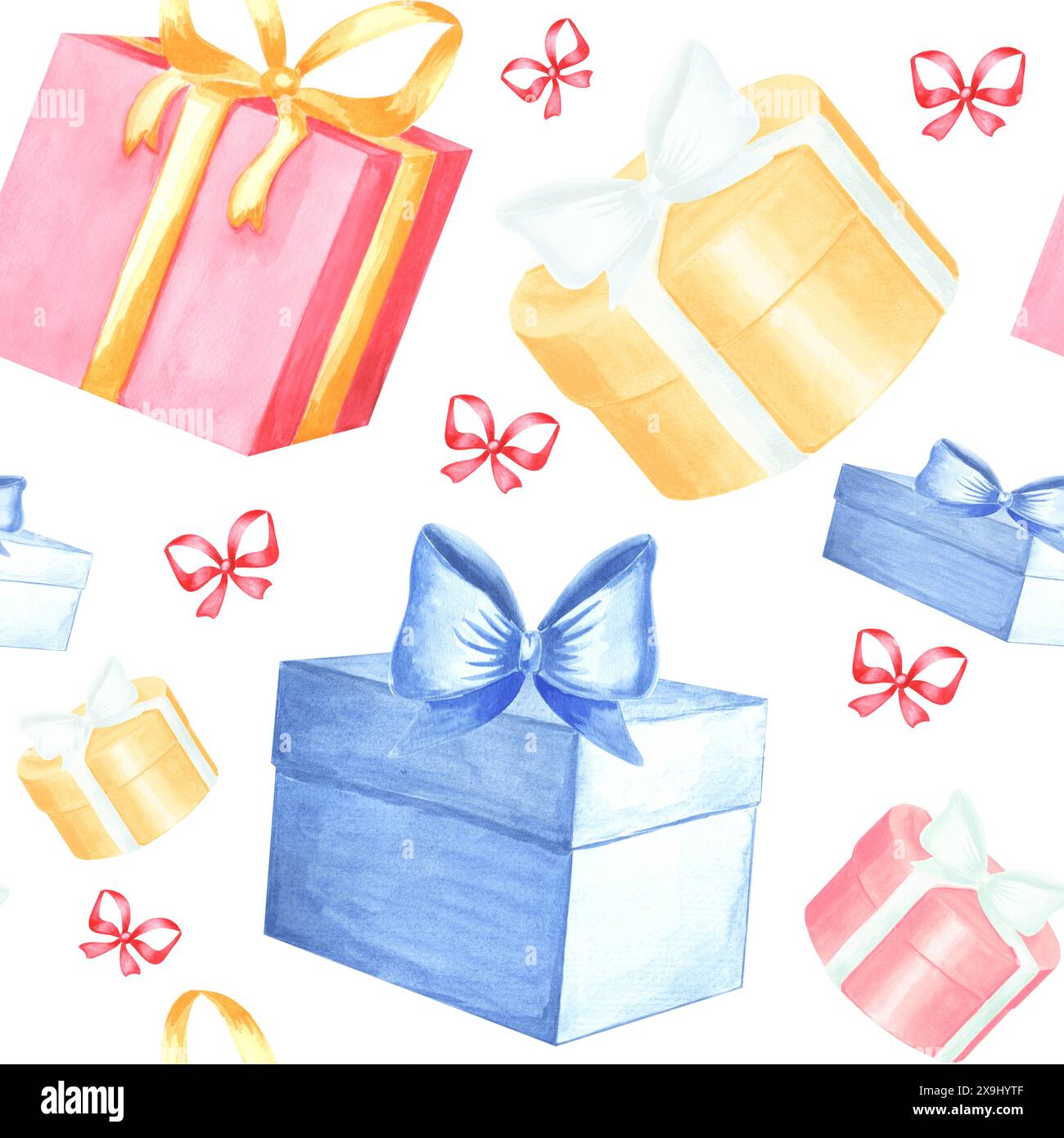 Boîtes cadeaux colorées avec des noeuds en soie rouge. Motif sans couture. Illustration d'aquarelle dessinée à la main. Modèle vintage de fête de bébé. Toile de fond festive pour bir Banque D'Images