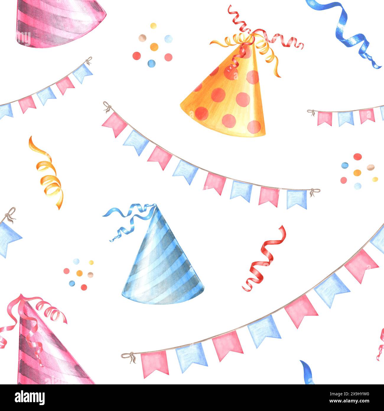 Chapeaux de fête et guirlande de drapeaux rubans et confettis. Motif sans couture. Illustration d'aquarelle dessinée à la main. Modèle vintage de fête de bébé. BA festif Banque D'Images