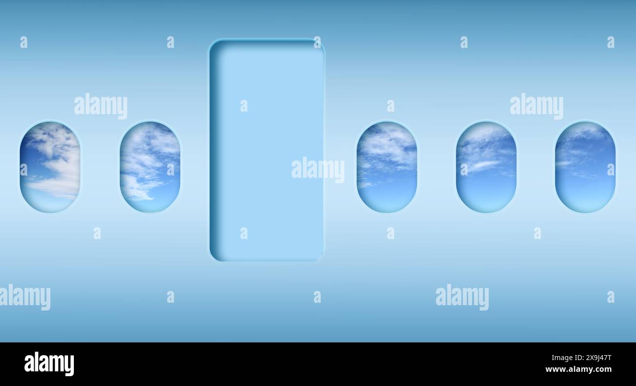 Bannière avec fenêtres et porte d'avion, et une vue de ciel de hublot, isolé sur un fond bleu avec espace de copie. Concept de modèle graphique pour fl. En ligne Banque D'Images