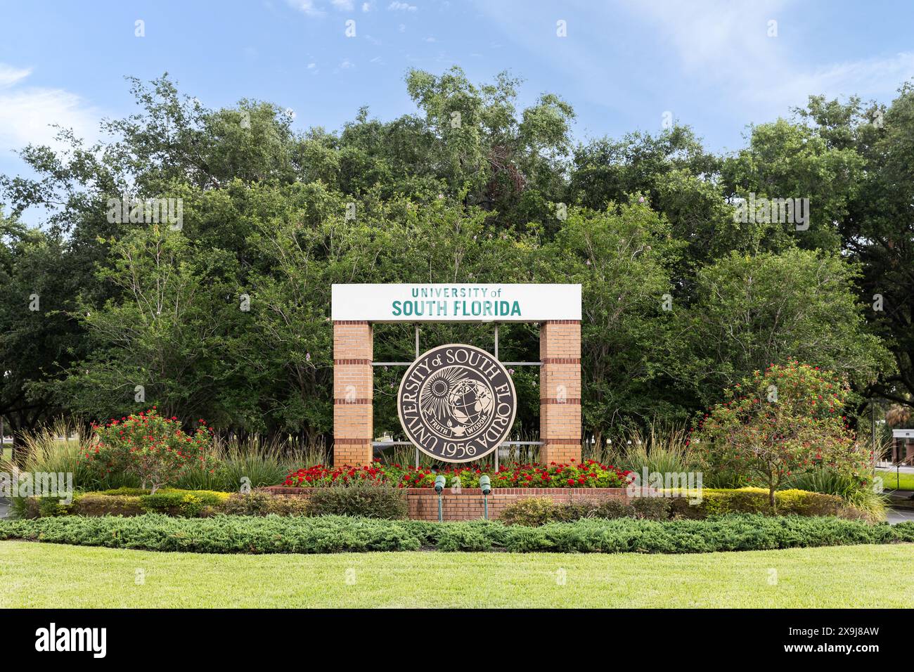 L'Université de Floride du Sud est une université de recherche publique avec son campus principal à Tampa, Floride. Leur mascotte est les Bulls. Banque D'Images