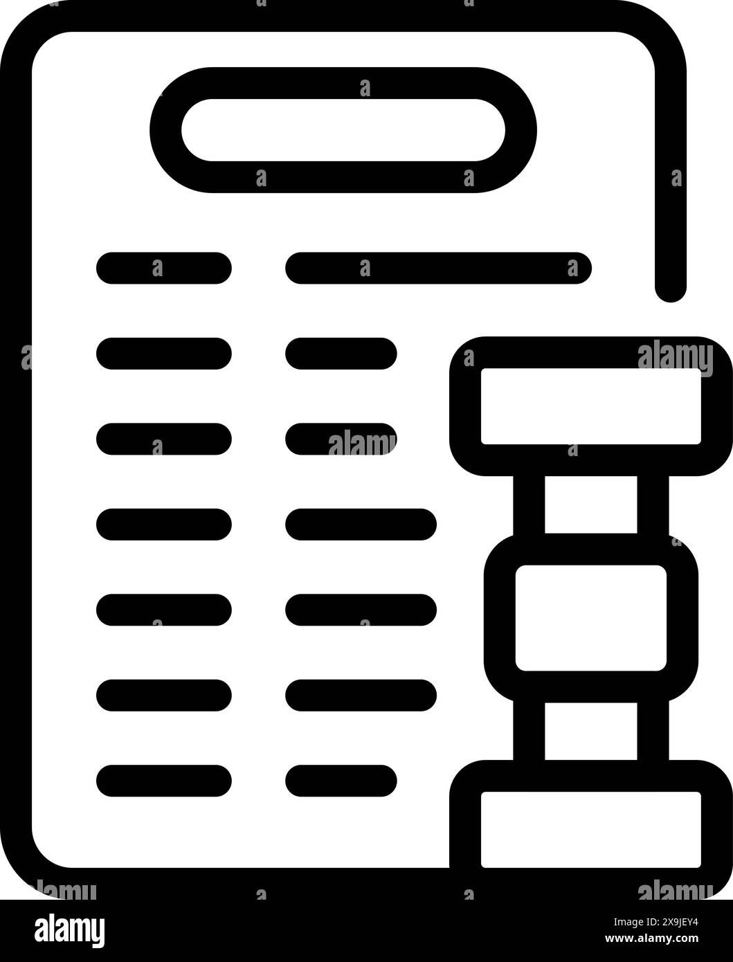 Une icône de ligne noire et blanche représentant un plan d'entraînement de gym avec un symbole haltère Illustration de Vecteur