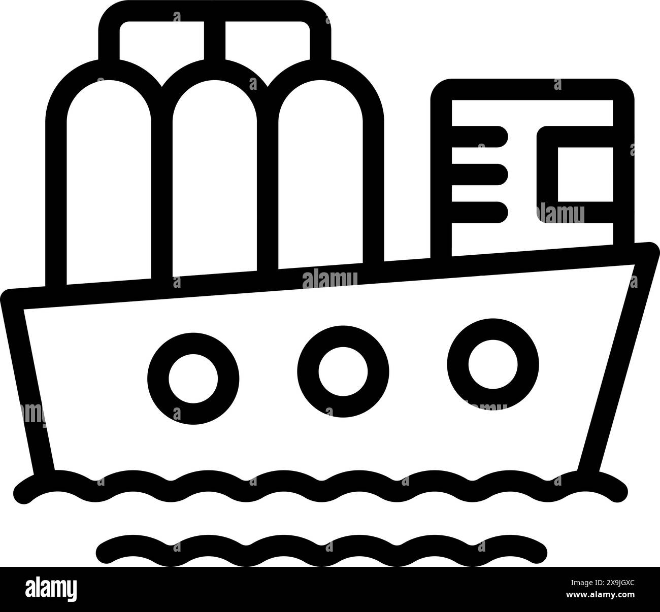 Image vectorielle simplifiée en noir et blanc d'un cargo de dessin animé avec des conteneurs Illustration de Vecteur