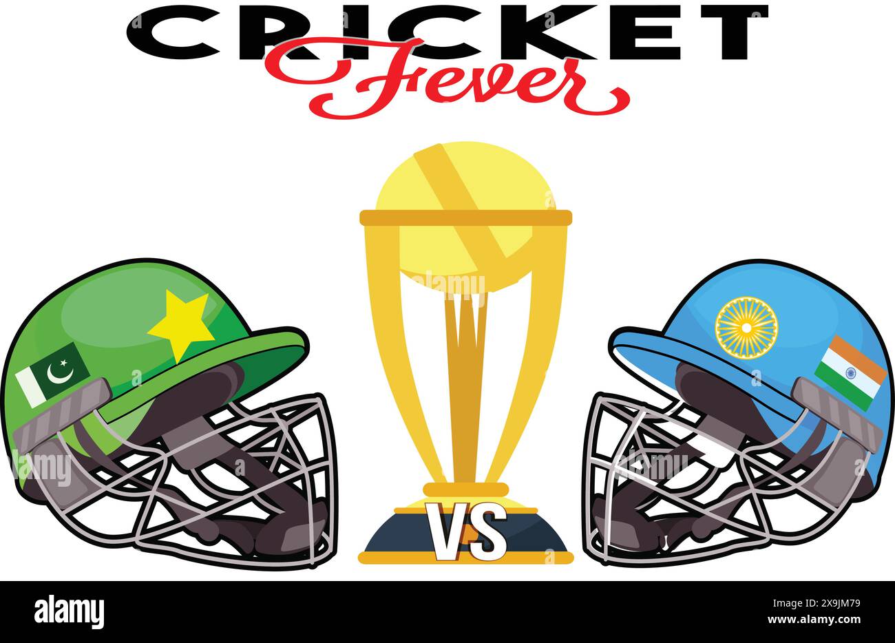 Inde VS Pakistan, concept de match de fièvre de cricket avec illustration créative des pays participants Batsman Casques avec fond de coupe de trophée d'or Illustration de Vecteur