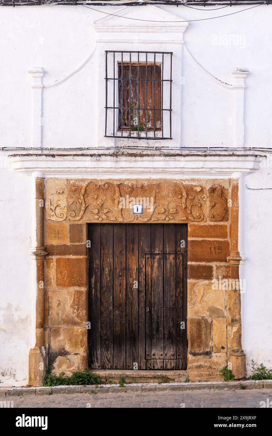 Relief végétal sur la façade d'une maison seigneuriale, Alanís, Sierra Morena, Sierra Norte de Sevilla, province de Séville, Andalousie. Banque D'Images