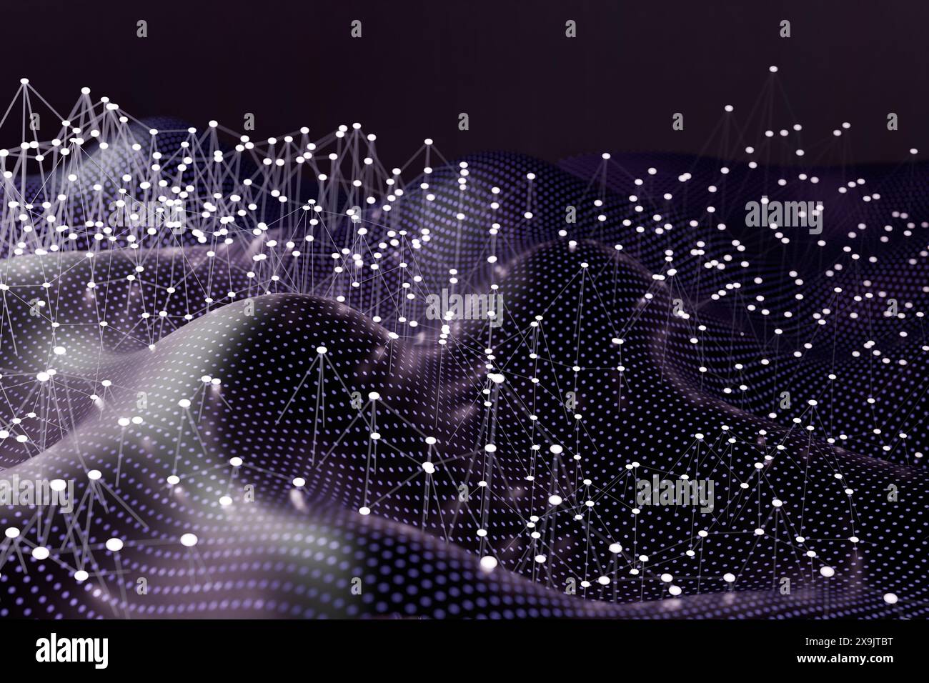 Paysage numérique abstrait avec des points et des lignes interconnectés formant un réseau sur un fond sombre. rendu 3d. Banque D'Images