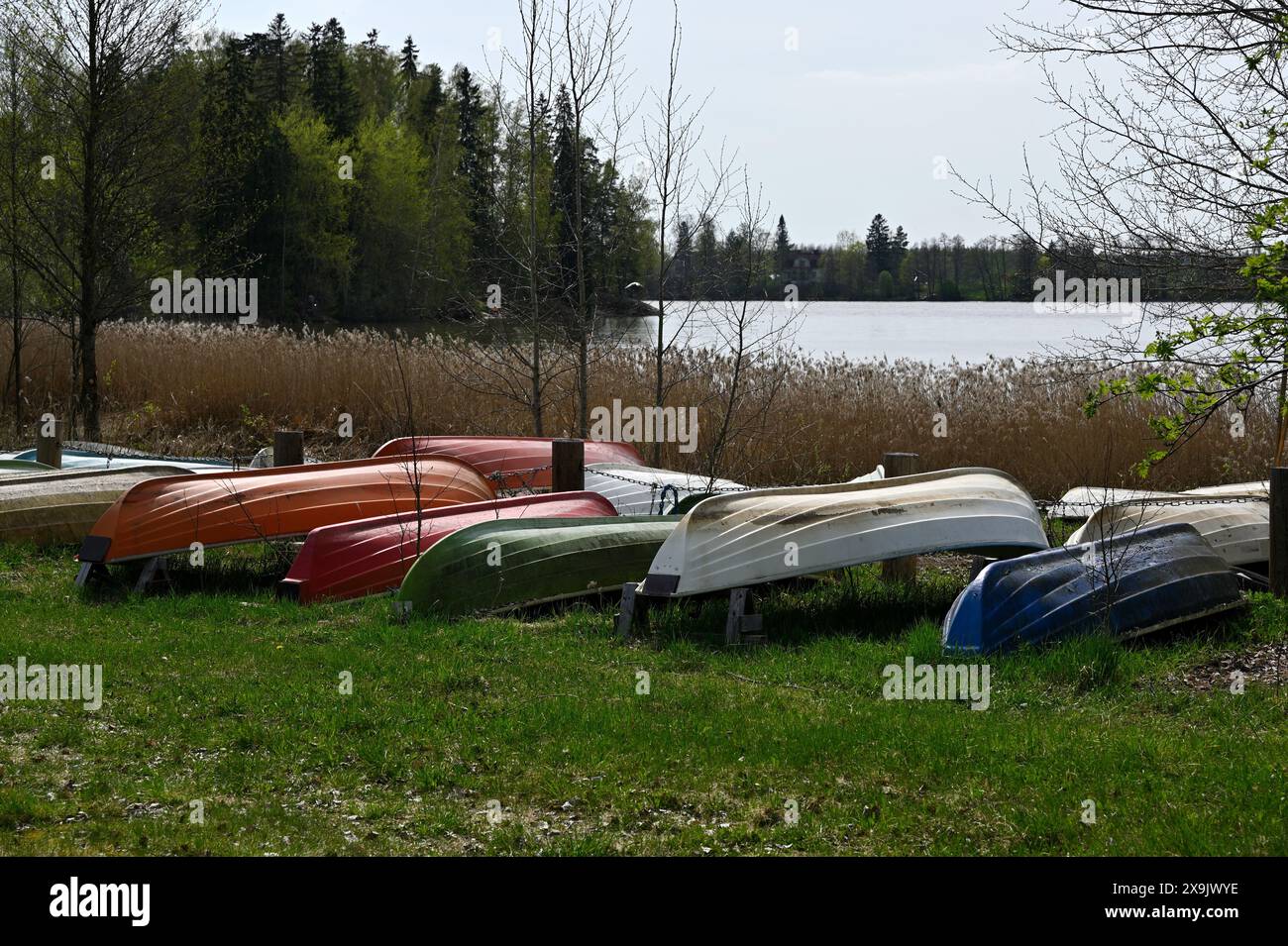 Bateaux renversés sur la rive du lac en Finlande Banque D'Images