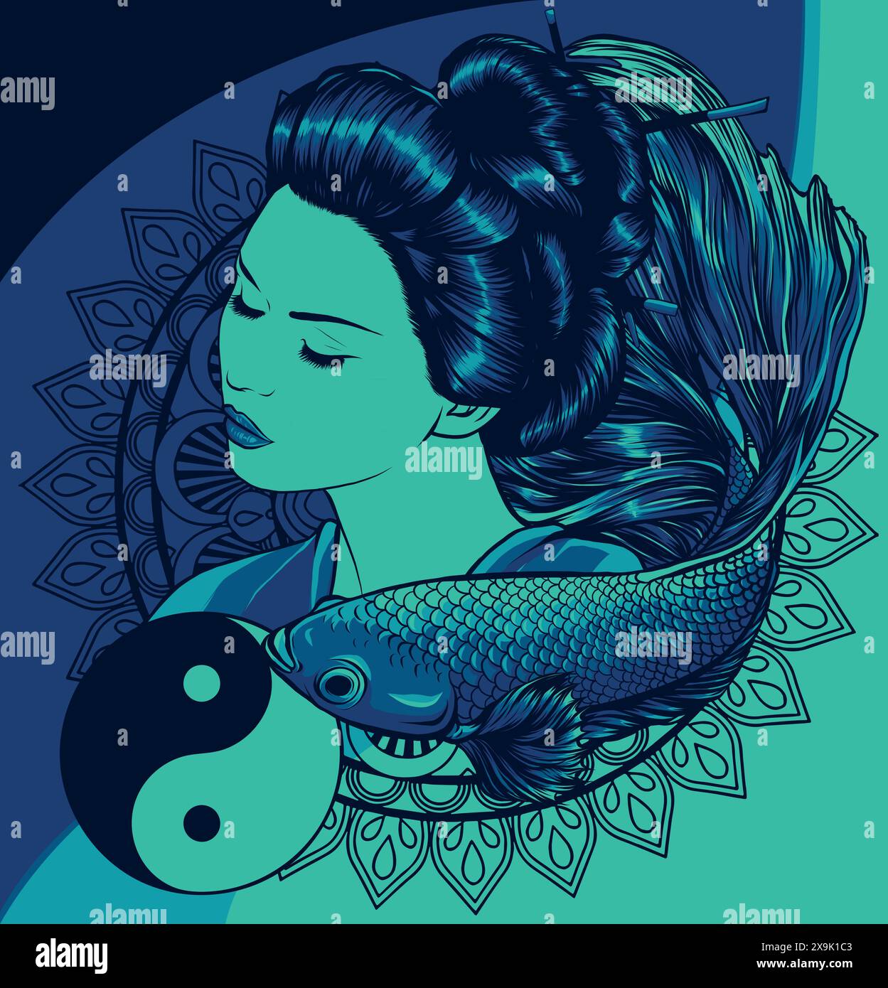 Illustration vectorielle de geisha japonais avec poisson de betta Illustration de Vecteur
