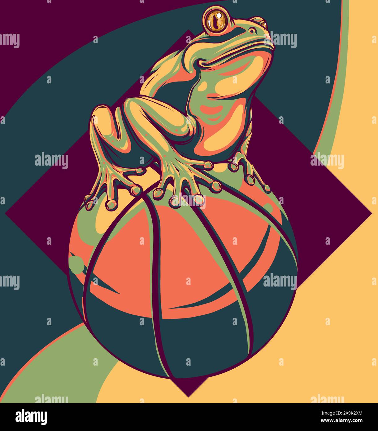 Mascotte de grenouille sur une illustration vectorielle de boule de panier Illustration de Vecteur