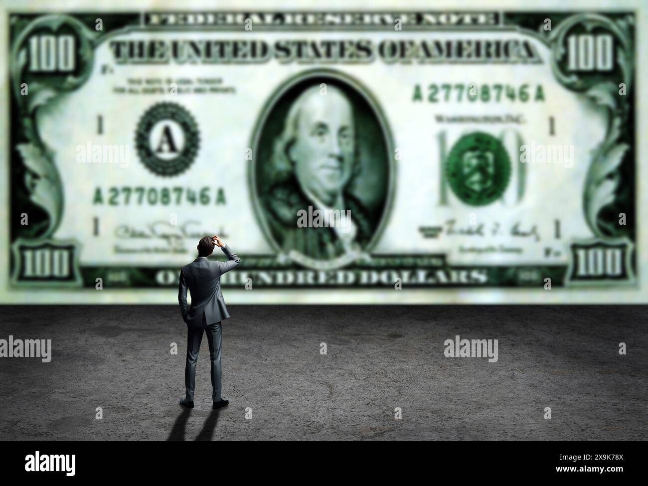 homme d'affaires debout devant un énorme billet de banque d'un dollar Banque D'Images