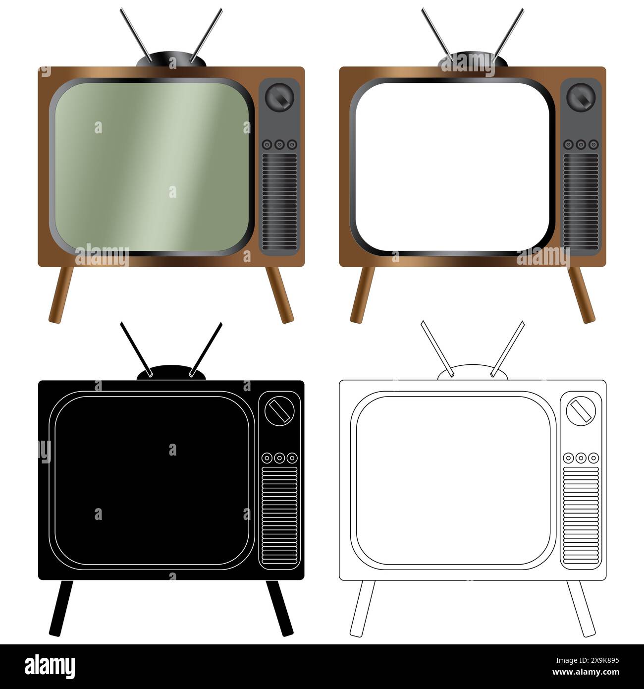 Rétro TV avec un boitier en bois, téléviseur Vintage en couleur, couleur avec écran knockout pour ajouter vos propres images, Noir avec contour blanc Illustration de Vecteur