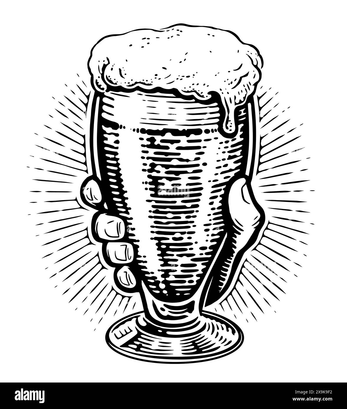Main masculine tenant un verre de bière mousseuse lager. Brasserie, concept pub. Illustration vectorielle vintage dessinée à la main Illustration de Vecteur