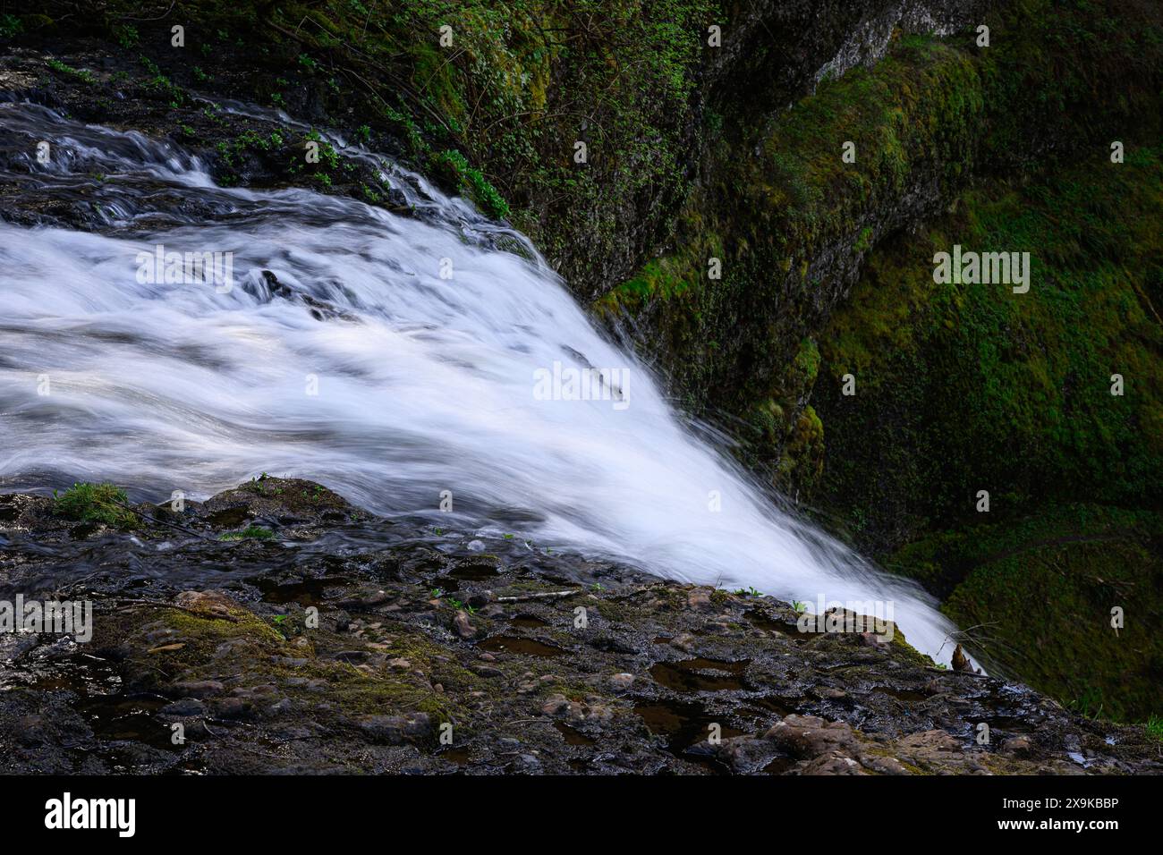 L'eau se déplace sur le bord de la grande cascade dans le mouvement soyeux de l'eau douce dans le bol vert luxuriant Banque D'Images