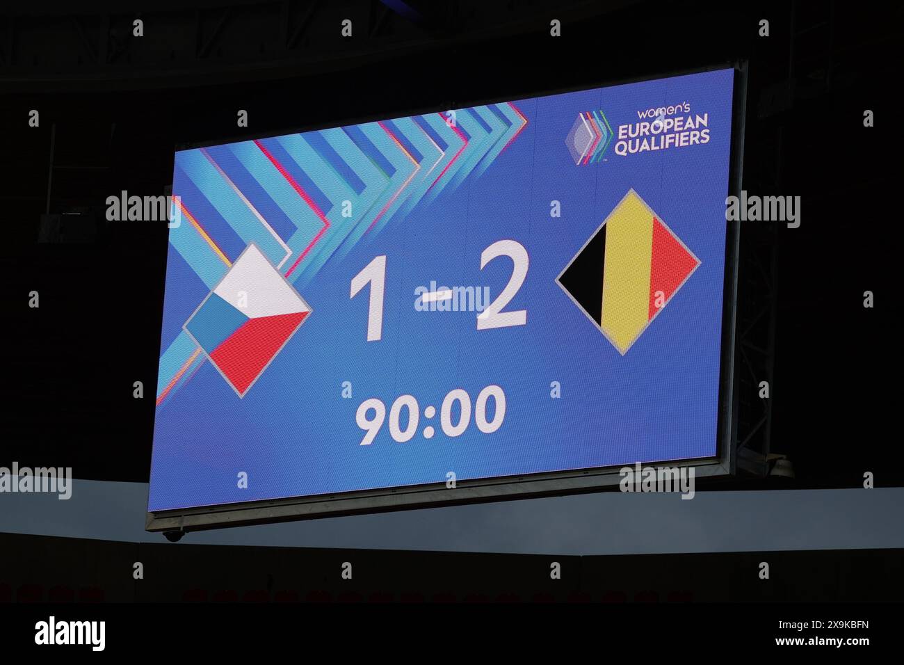 Prague, Tchéquie. 31 mai 2024. L'illustration montre le score final d'un match entre les équipes nationales de Tchéquie et de Belgique, appelé les Red Flames, lors du troisième jour de match dans le Groupe A2 dans la phase de championnat des qualifications européennes féminines de l'UEFA 2023-24, le vendredi 31 mai 2024 à Prague, en Tchéquie. Crédit : Sportpix/Alamy Live News Banque D'Images