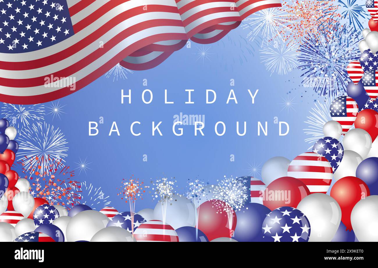 Fond de vacances US avec des objets 3D. Copier la bannière de l'espace. USA agitant drapeau, ballons réalistes et feux d'artifice. Ensemble d'éléments. Fond vierge avec grappin Illustration de Vecteur