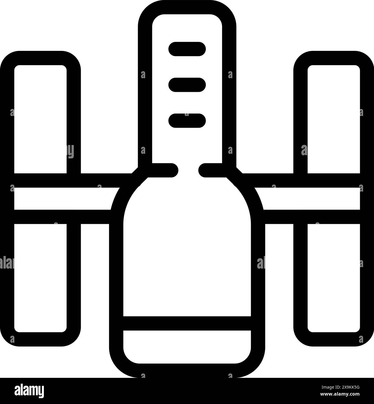 Icône de ligne noire d'une bouteille de vin flanquée de deux verres, adapté aux conceptions de menu Illustration de Vecteur