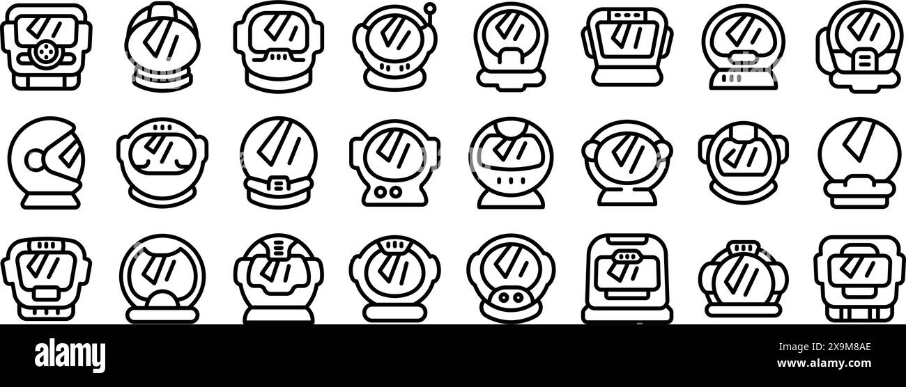 Vecteur de définition de contour d'icônes de casque de cosmonaute. Une collection d'images en noir et blanc d'astronautes. Les images sont toutes de tailles et de formes différentes, mais elles ont toutes un thème similaire de l'exploration spatiale. L'ambiance des images est sérieuse Illustration de Vecteur