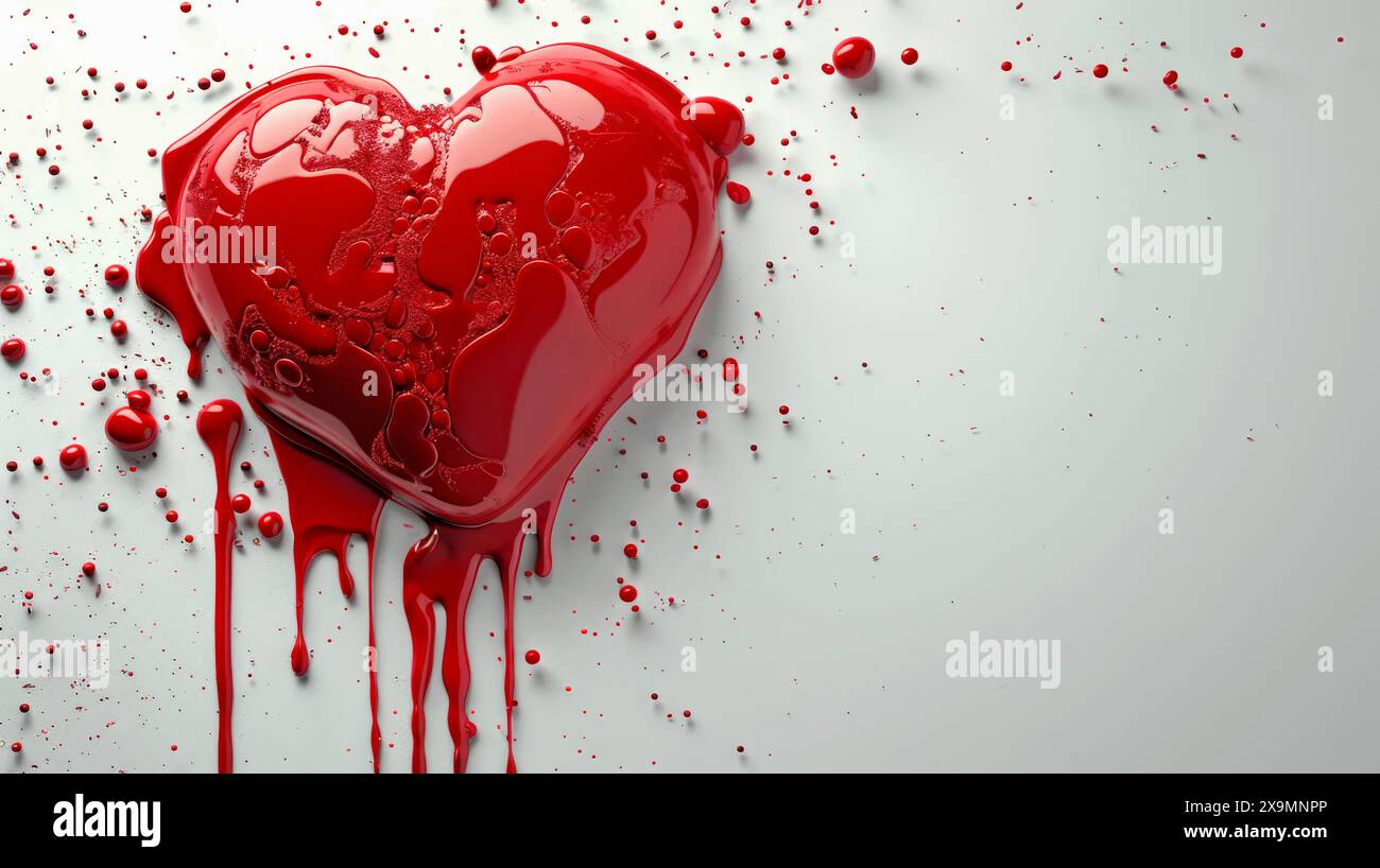 Un cœur rouge dégoulinant liquide sur fond blanc, véhiculant une expression artistique intense et émotionnelle Banque D'Images
