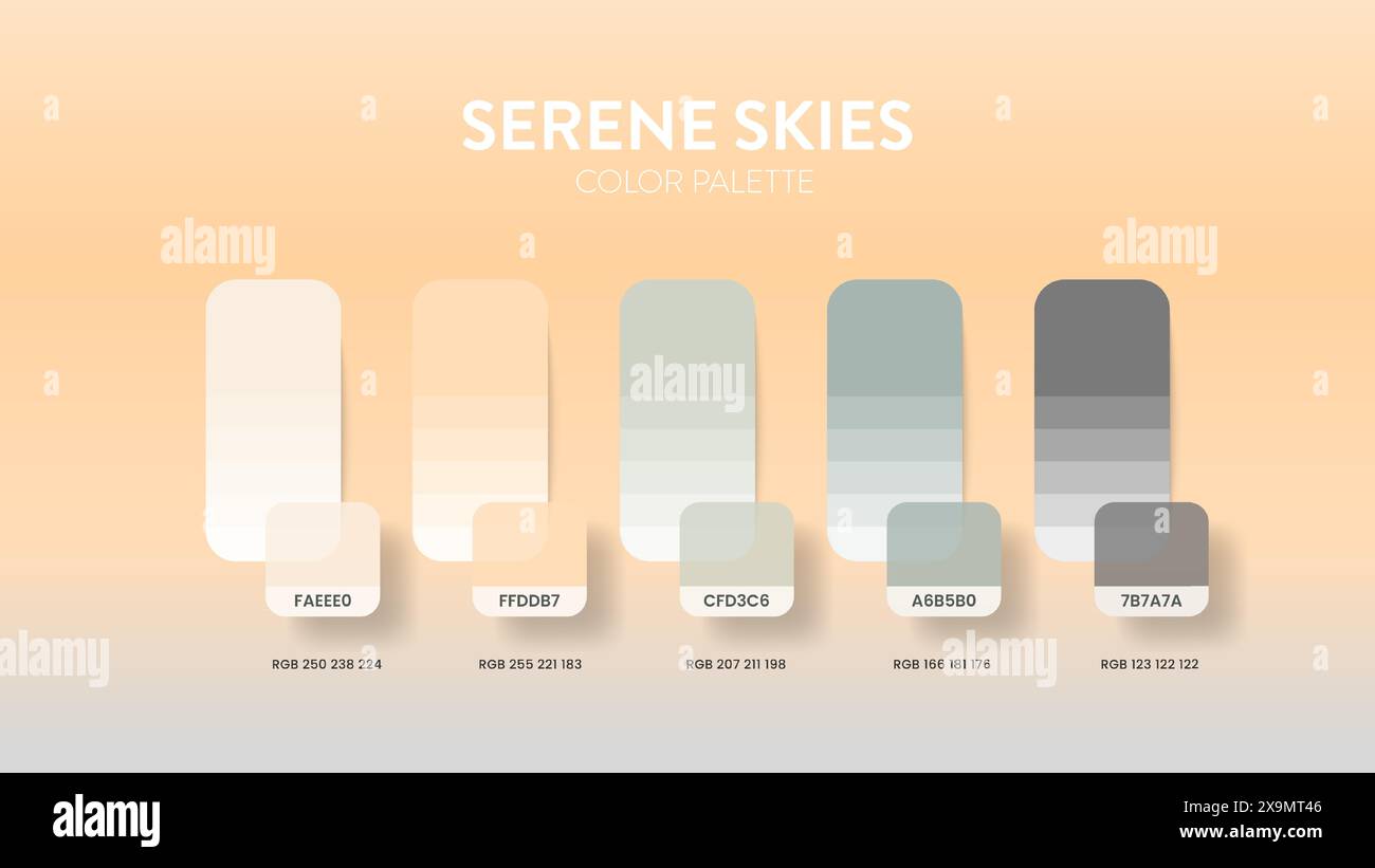 Guide de palette de couleurs dans les collections à thème de couleurs Serene Skies. Inspiration de couleur ou graphique avec modèle de codes. Combinaison de couleurs RVB. Nuances de couleurs f Illustration de Vecteur