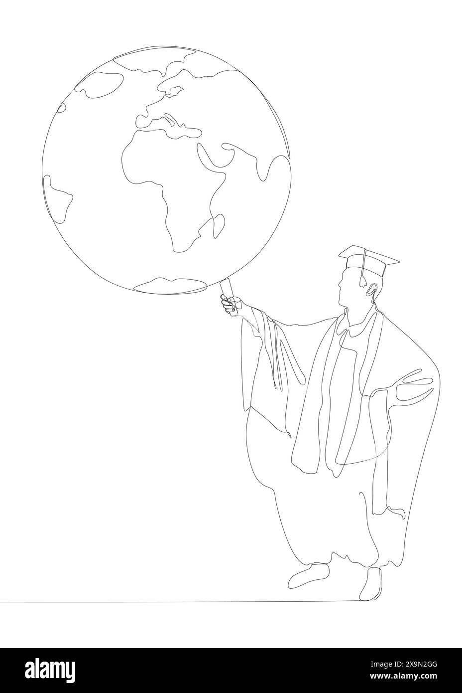 Une ligne continue de Graduati Man avec Earth Globe. Concept vectoriel d'illustration de ligne mince. Contour Drawing idées créatives. Illustration de Vecteur
