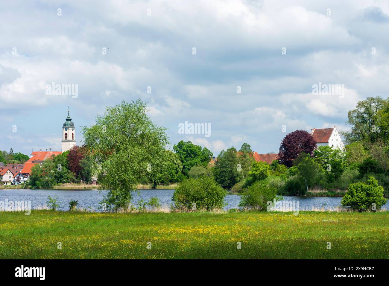 lac Zellersee, église constituée Gallus et Ulrich, Altes Schloss Old Castle Kißlegg Kißlegg Oberschwaben-Allgäu Baden-Württemberg Allemagne Banque D'Images