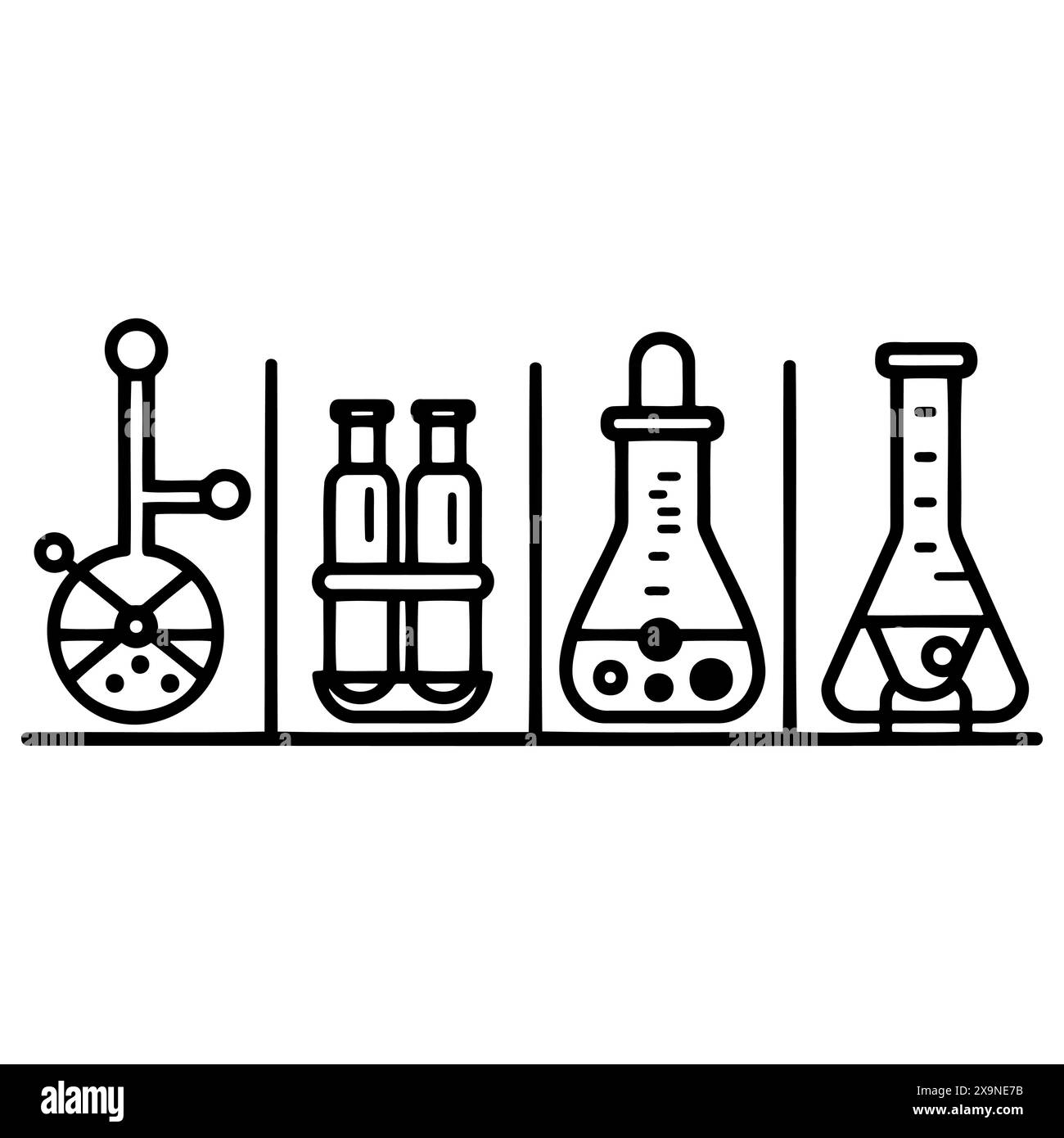 Illustration monochrome représentant une rangée de flacons chimiques disposés soigneusement sur une surface de table, capturant une composition minimaliste mais détaillée Illustration de Vecteur