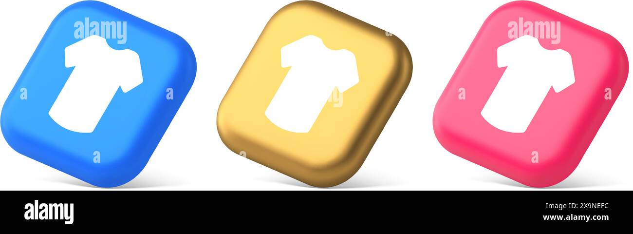 T-shirt bouton d'achat en ligne commande Internet achat 3d réaliste d'or bleu et icônes roses. Vêtements décontractés magasin uniforme vêtement habillement habillement habillement Illustration de Vecteur