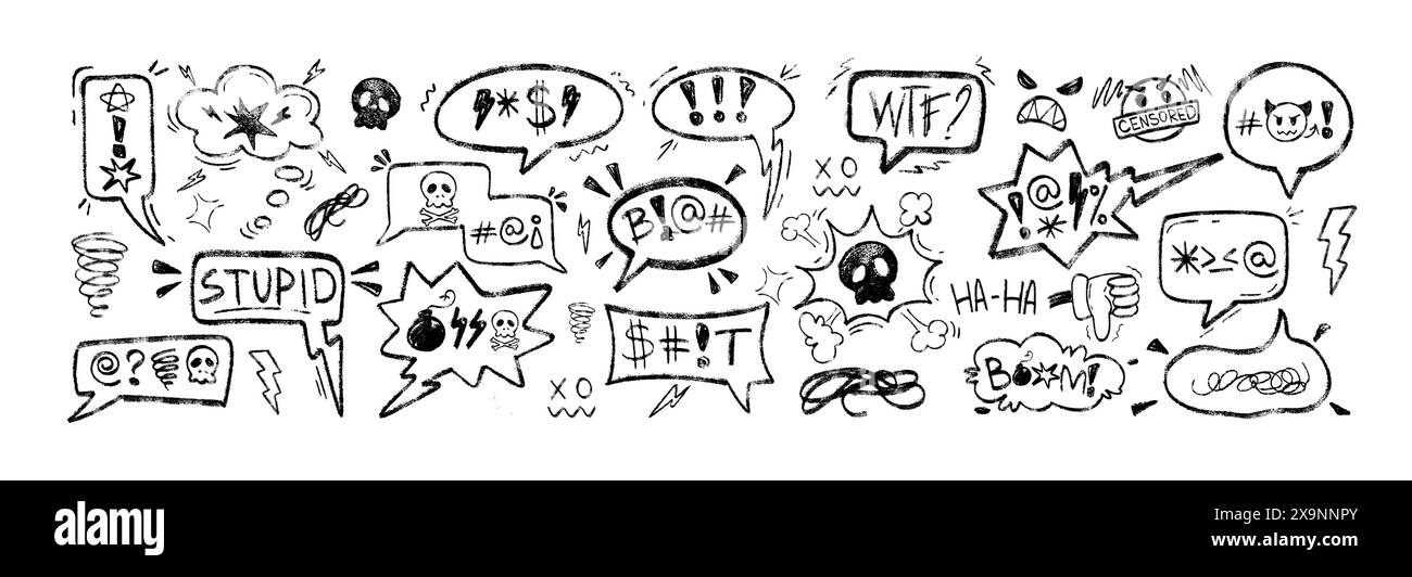 Craie bulles de discours avec des mots de serment, malédictions, icône de crâne, censuré avec des symboles dans le style crayon grunge doodle. Mots de jure au crayon noir de charbon dessinés à la main pour une expression négative, en colère ou de mauvaise humeur. Illustration de Vecteur