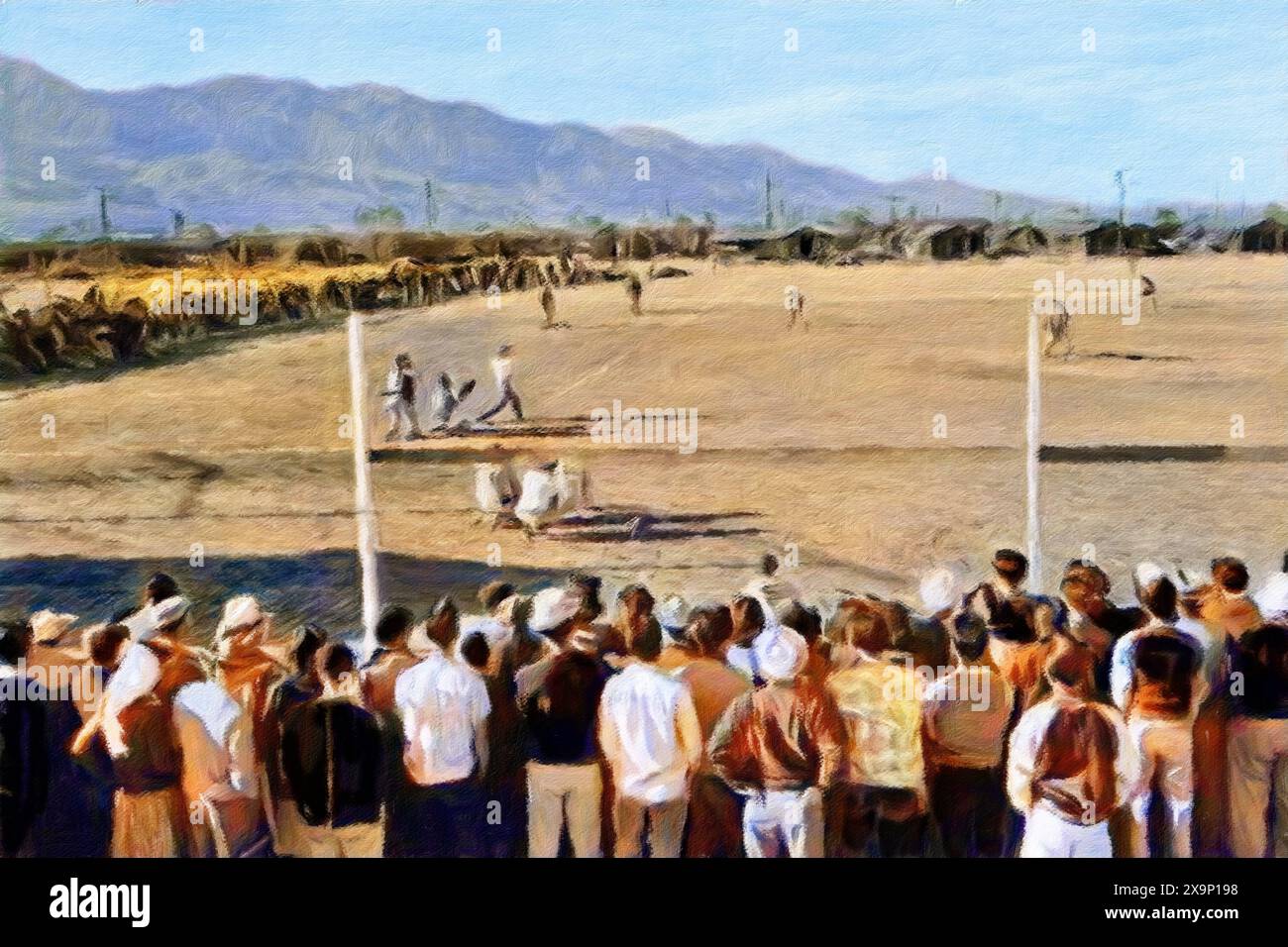 Match de baseball, camp d'internement de Manzanar, Owens Valley, comté d'Inyo, Californie 1943. Banque D'Images