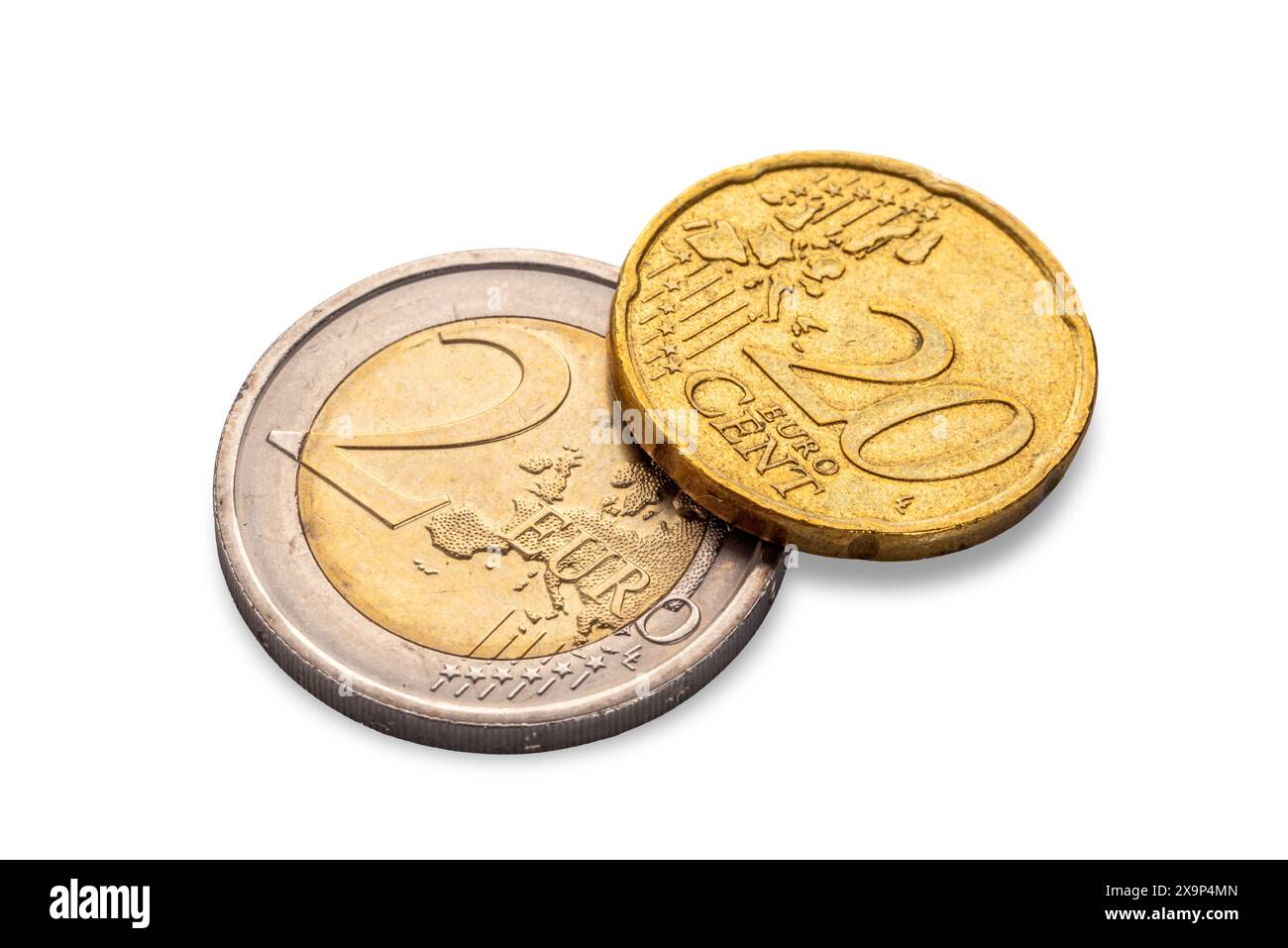 Pièce de deux euros avec pièce de 20 cents isolée sur blanc avec chemin de détourage inclus Banque D'Images