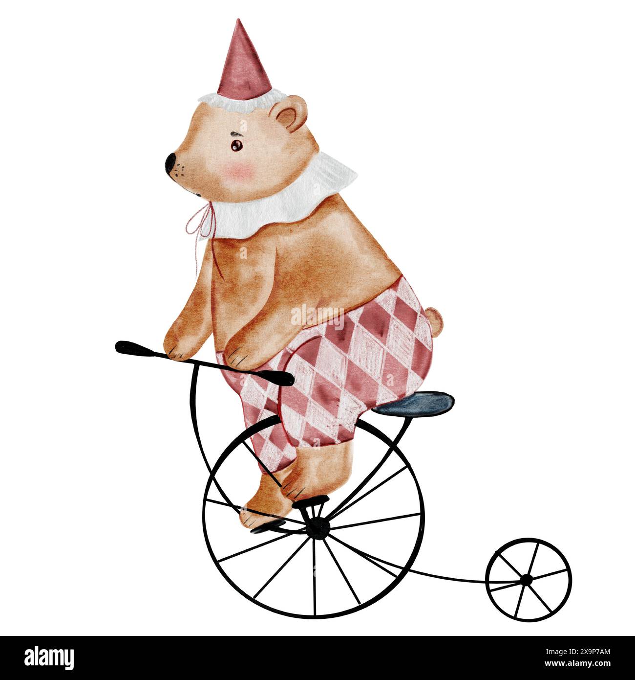 Aquarelle ours de cirque. Animal mignon sur un dessin de main vintage de vélo. Clip art bébé isolé sur fond rétro blanc. Idéal pour les affiches de pépinière Banque D'Images