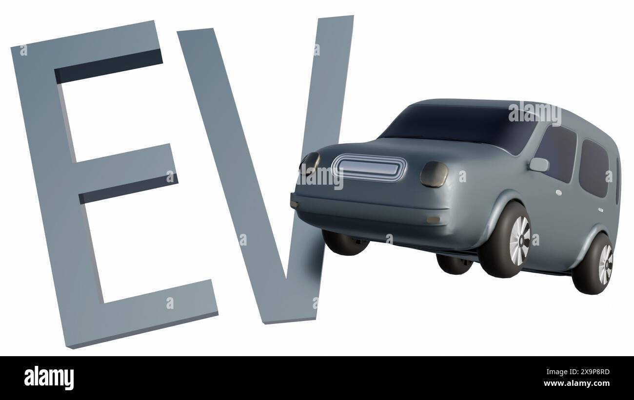 Rendu 3D d’un véhicule électrique argenté (EV) garé à côté d’un panneau métallique qui indique « EV ». Banque D'Images