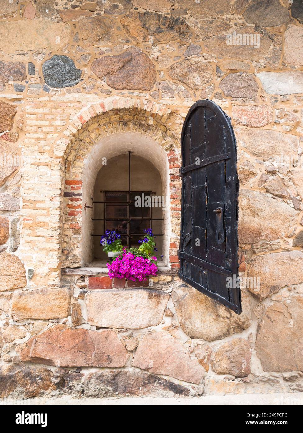 Fleurs colorées dans la fenêtre de la vieille maison Banque D'Images