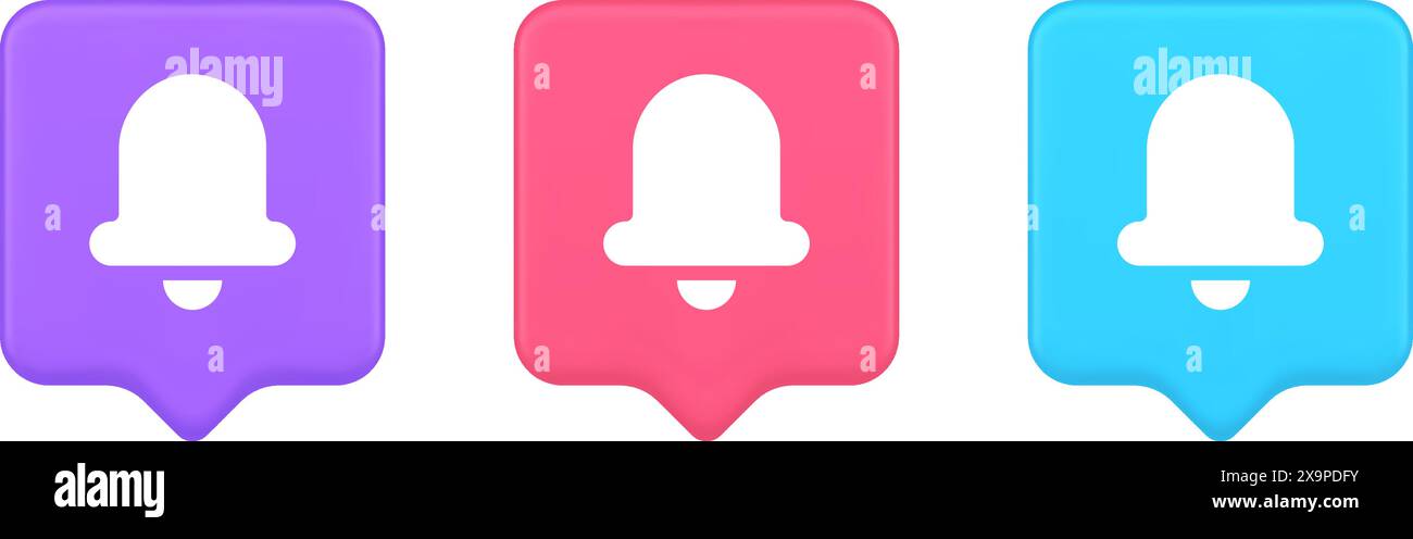 Bouton de notification sonore de sonnerie de cloche de main message entrant notification d'appel 3d bulle de parole réaliste icônes roses bleues et violettes. Sonnette audio entrante Illustration de Vecteur