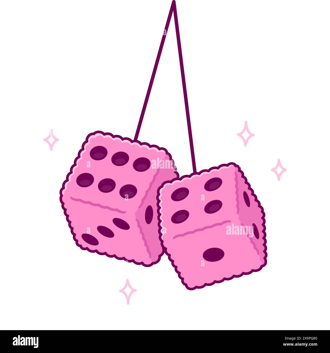 Dés flous roses suspendus sur le miroir de voiture, dessin de bande dessinée mignon. Amulette jouet chanceux. Illustration clip art vectorielle. Illustration de Vecteur