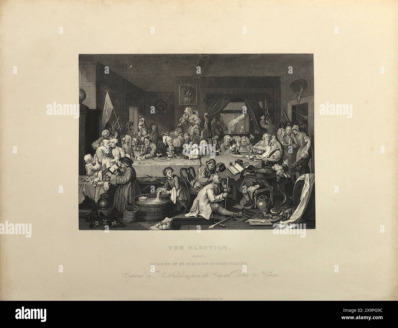 Illustration en noir et blanc : « humours of Election Entertainment ». Gravure d'après William Hogarth (1697 - 1764) de sa série, 'The Election' Banque D'Images
