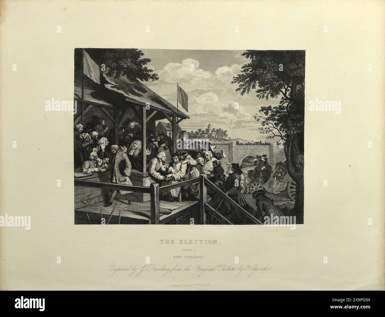 Illustration en noir et blanc : 'le sondage'. Gravure d'après William Hogarth (1697 - 1764) de sa série, 'The Election' Banque D'Images
