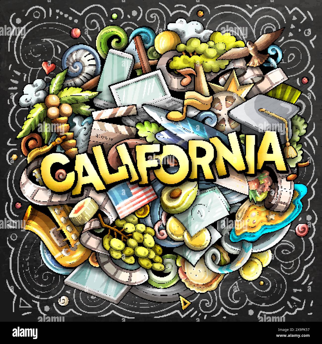 Dessin animé de Californie dessiné à la main illustration de doodle. Drôle de design d'État des États-Unis. Fond de vecteur d'art créatif. Texte manuscrit avec éléments et objets. Illustration de Vecteur