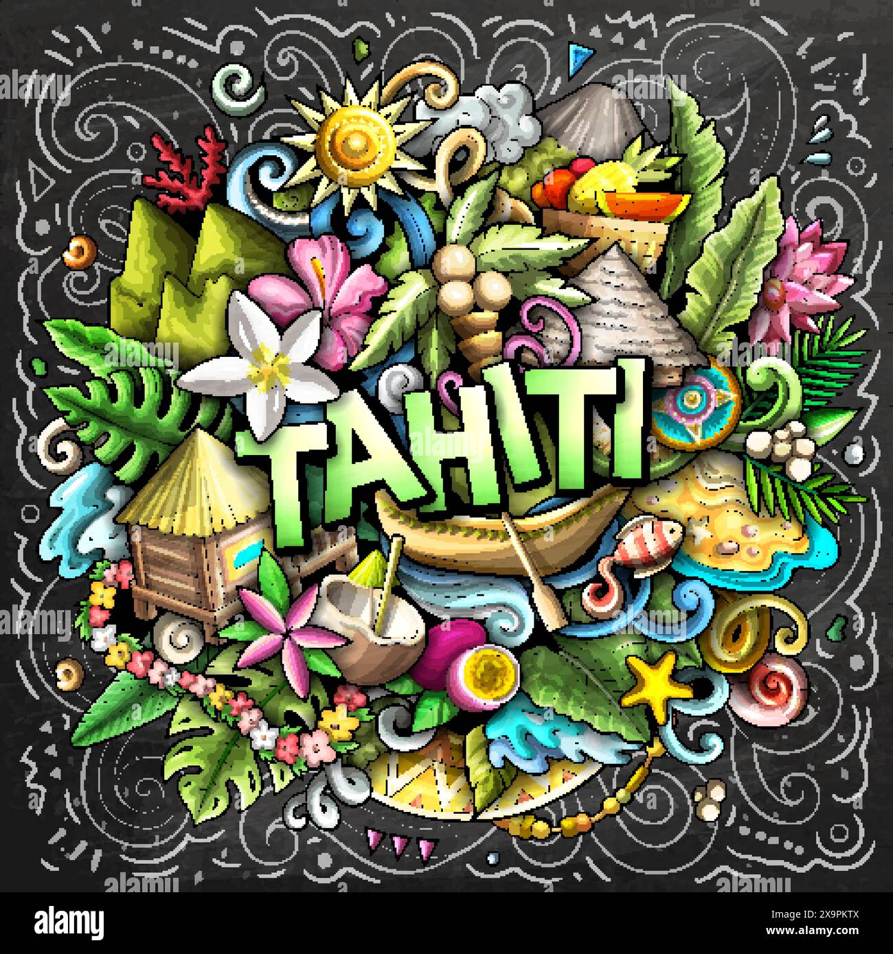 Tahiti dessin à la main dessin animé illustration doodle. Fond de vecteur amusant créatif. Texte manuscrit avec éléments et objets. Tableau noir coloré compo Illustration de Vecteur