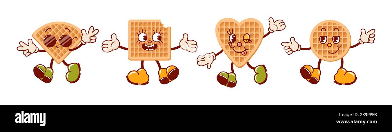 Ensemble de gaufres viennoises, personnages de dessins animés rétro mignons. Délicieux bonbons doux. Groovy, vintage. Style ancien à la mode. Souriant, clin d'œil, frais dans des lunettes de soleil Illustration de Vecteur