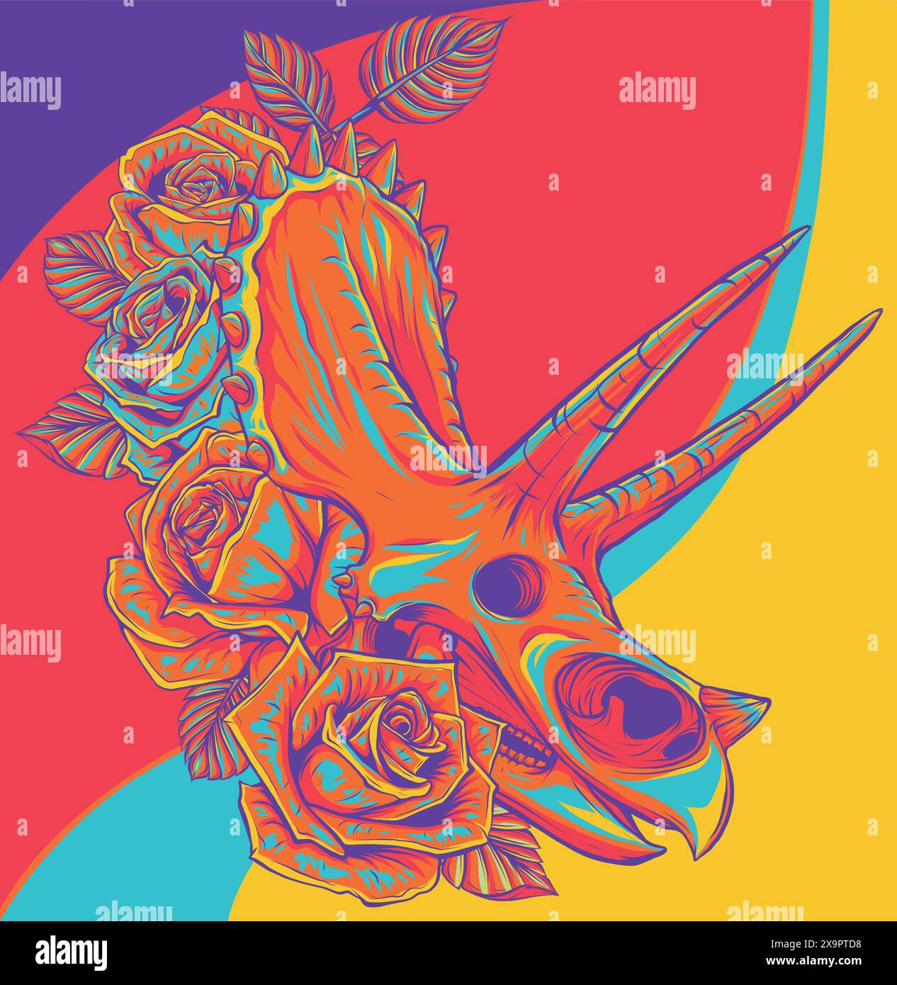 Crâne de Triceratops avec rose sur fond blanc Illustration de Vecteur