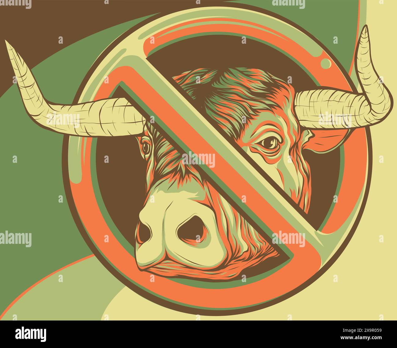 illustration d'une tête de taureau dans un panneau d'interdiction rouge. Illustration de Vecteur