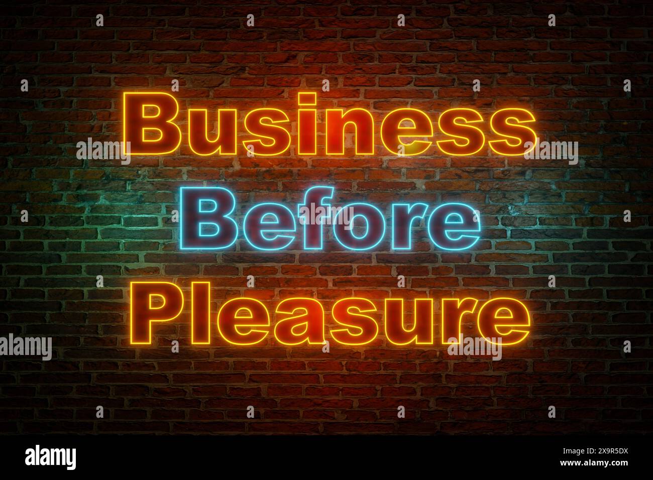 Les affaires avant le plaisir. Les affaires avant le plaisir. Mur de briques la nuit avec le texte business avant plaisir en lettres fluo orange et bleu. Discip Banque D'Images