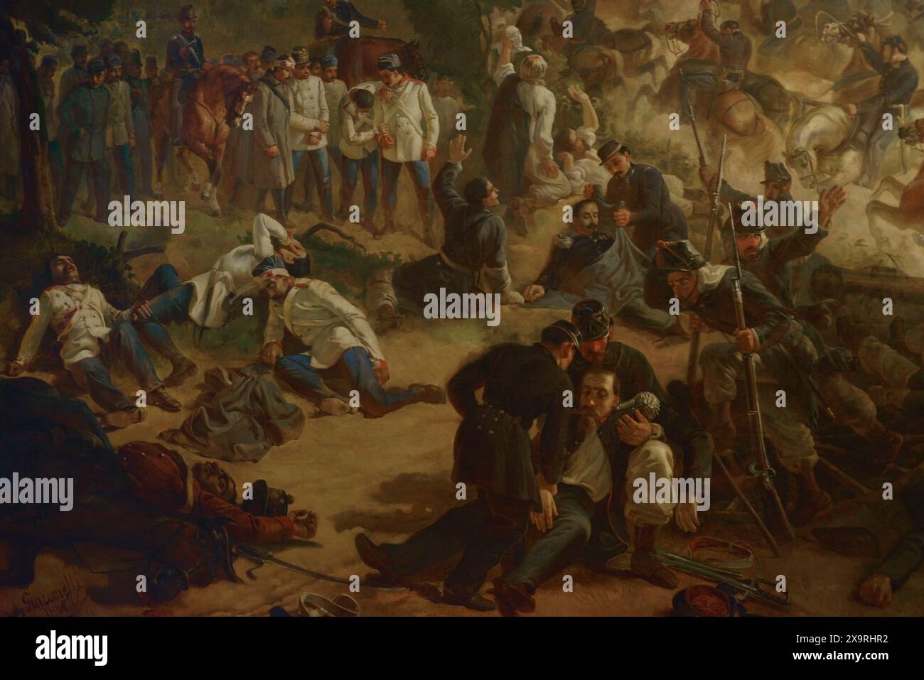 Unification italienne. Seconde Guerre d'indépendance italienne. Bataille de San Martino (24 juin 1859). L'armée autrichienne a été vaincue par les troupes françaises et piémontaises. Il a eu lieu sur les hauteurs de San Martino près de Desenzano del Garda. Tableau de Vincenzo Giacomelli (1841-1890), 1861. Huile sur toile. Détail. Musée du Risorgimento. Milan. Italie. (En prêt, MIBAC Soprintendenza belle Arti e Paesaggio, Milan). Auteur : Vincenzo Giacomelli (1841-1890). Peintre italien. Banque D'Images